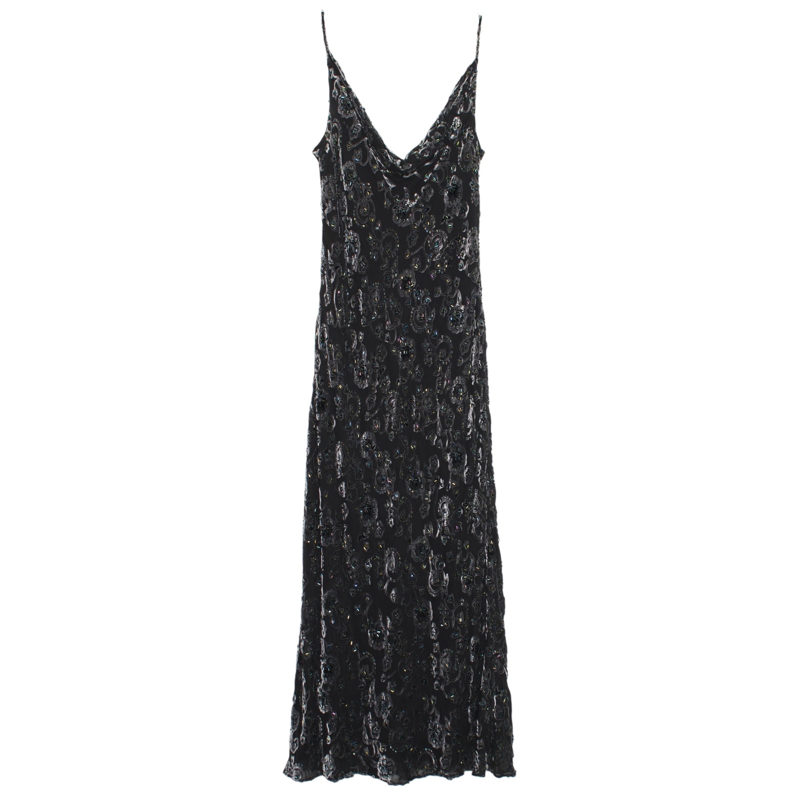 Y2k Velvet Beaded Cowl Neck Slip Dress Maxi Prom Formal Gown Floral Black Xs 20s